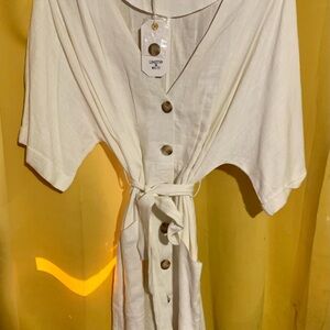Off White Linen Button-Down Dress with Front Pockets & Belt